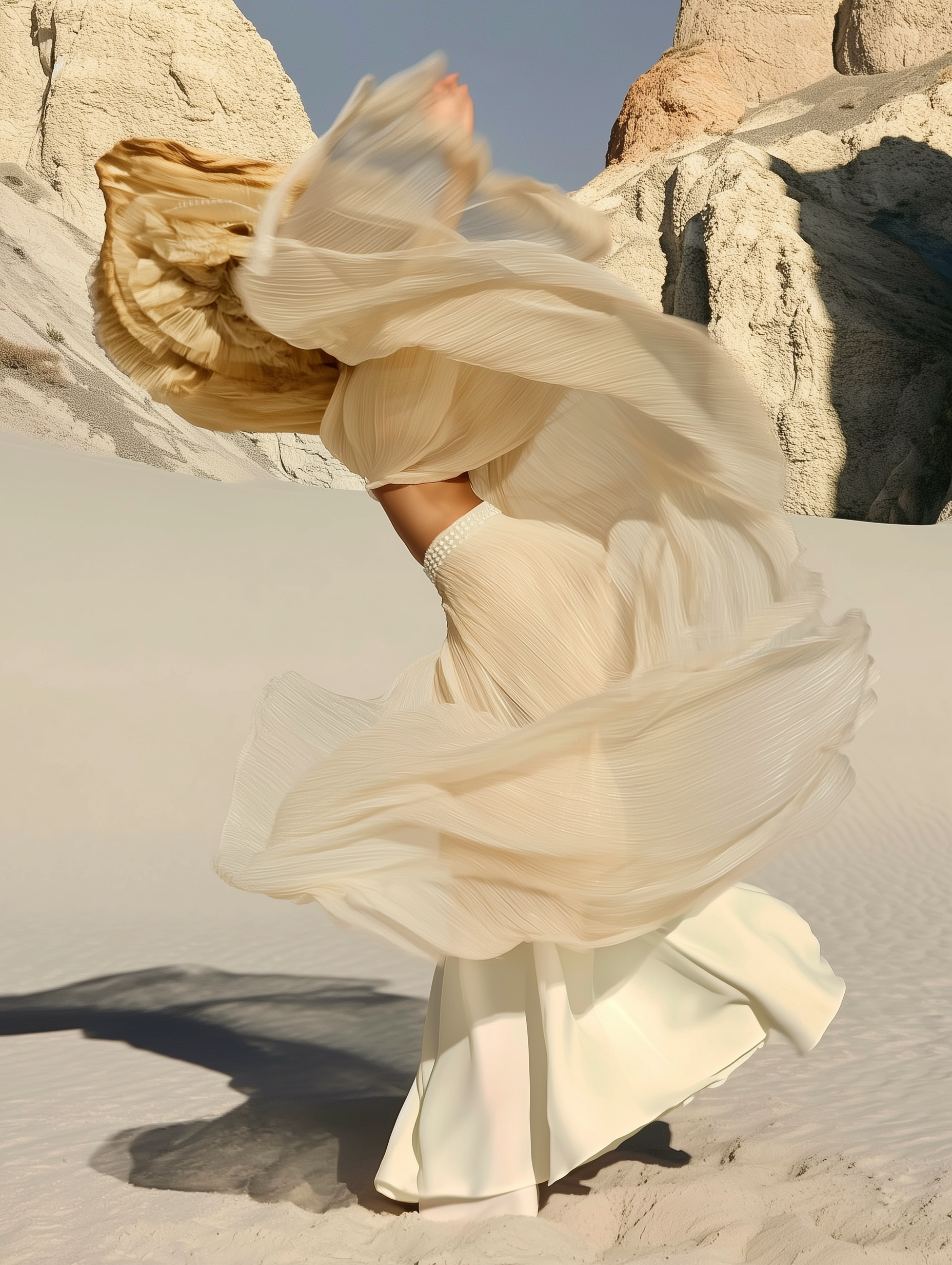 Figure moving through ivory fabric in a pale desert