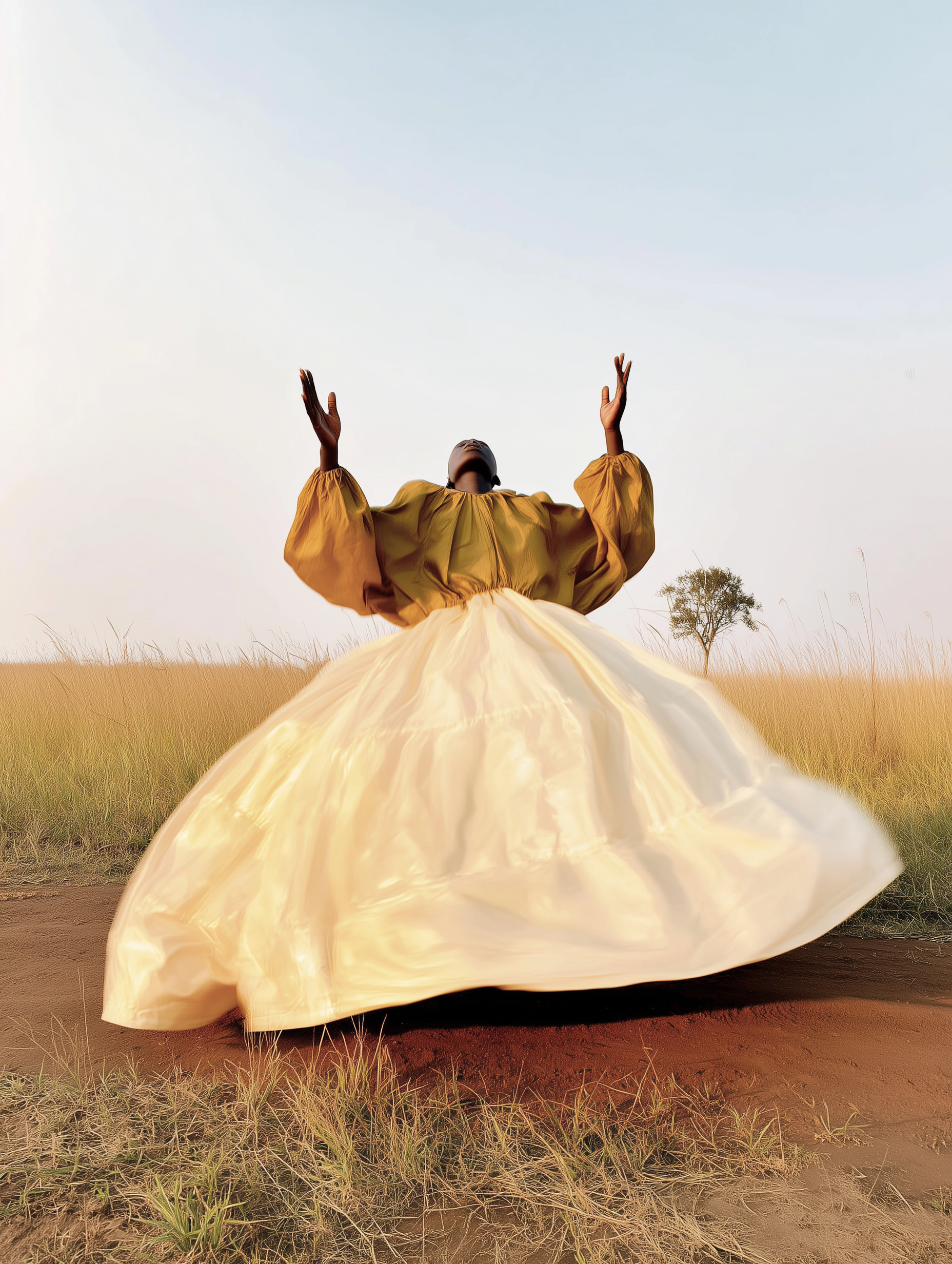 Woman raising her hands beneath an open sky