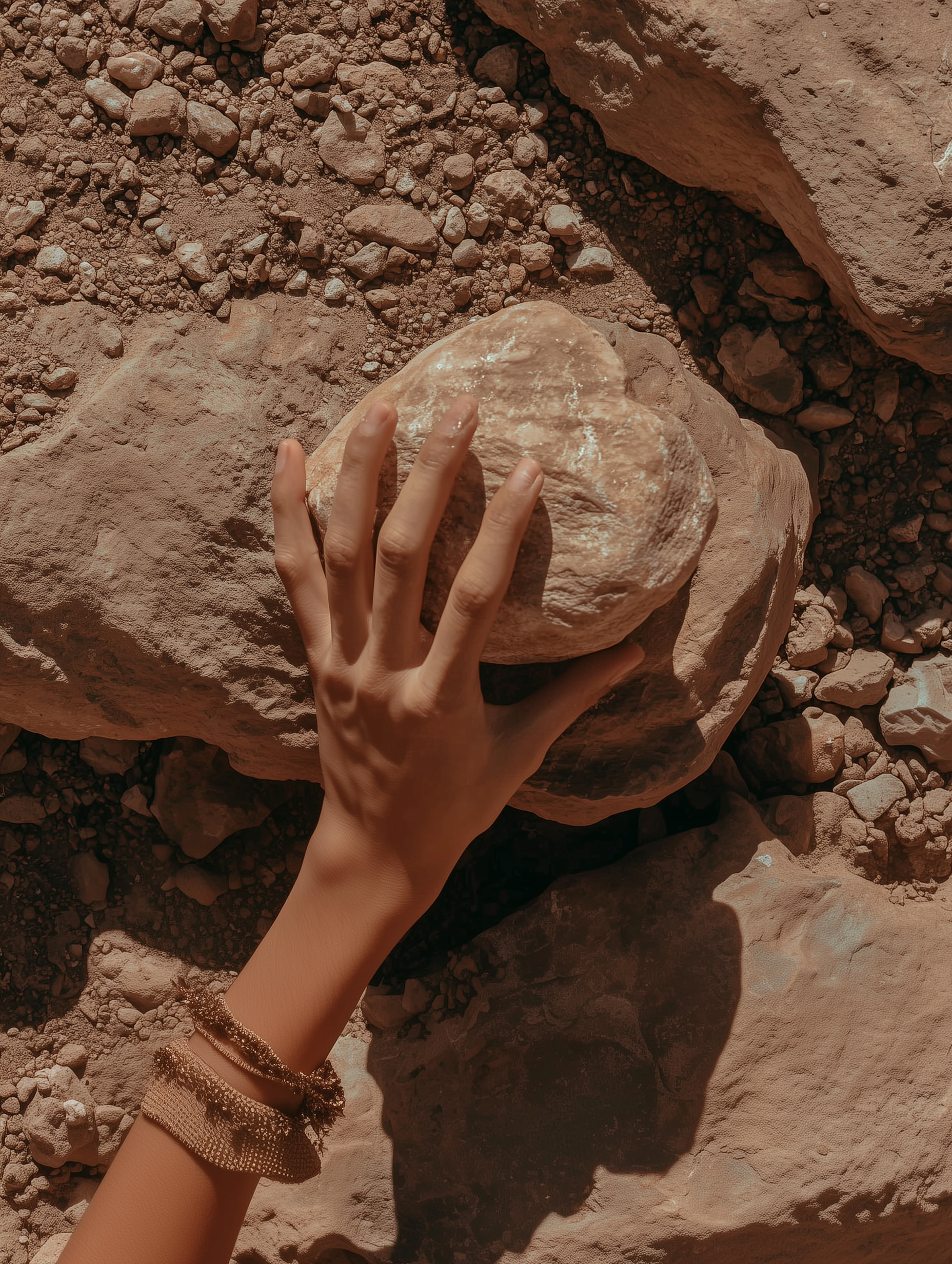 Hand resting on a sun-warmed stone
